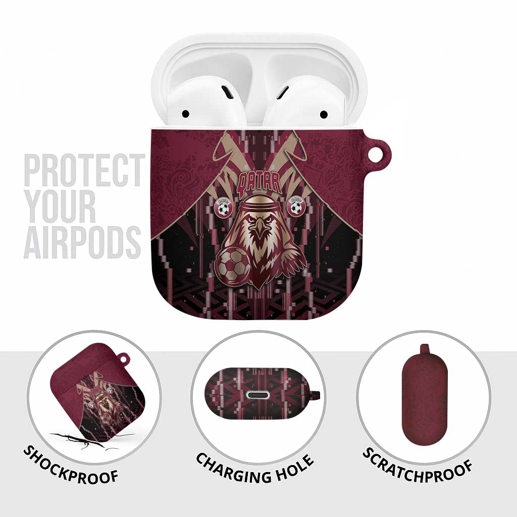 Qatar Football AirPods Case Glitch Style Falcon With Arabic Patterns