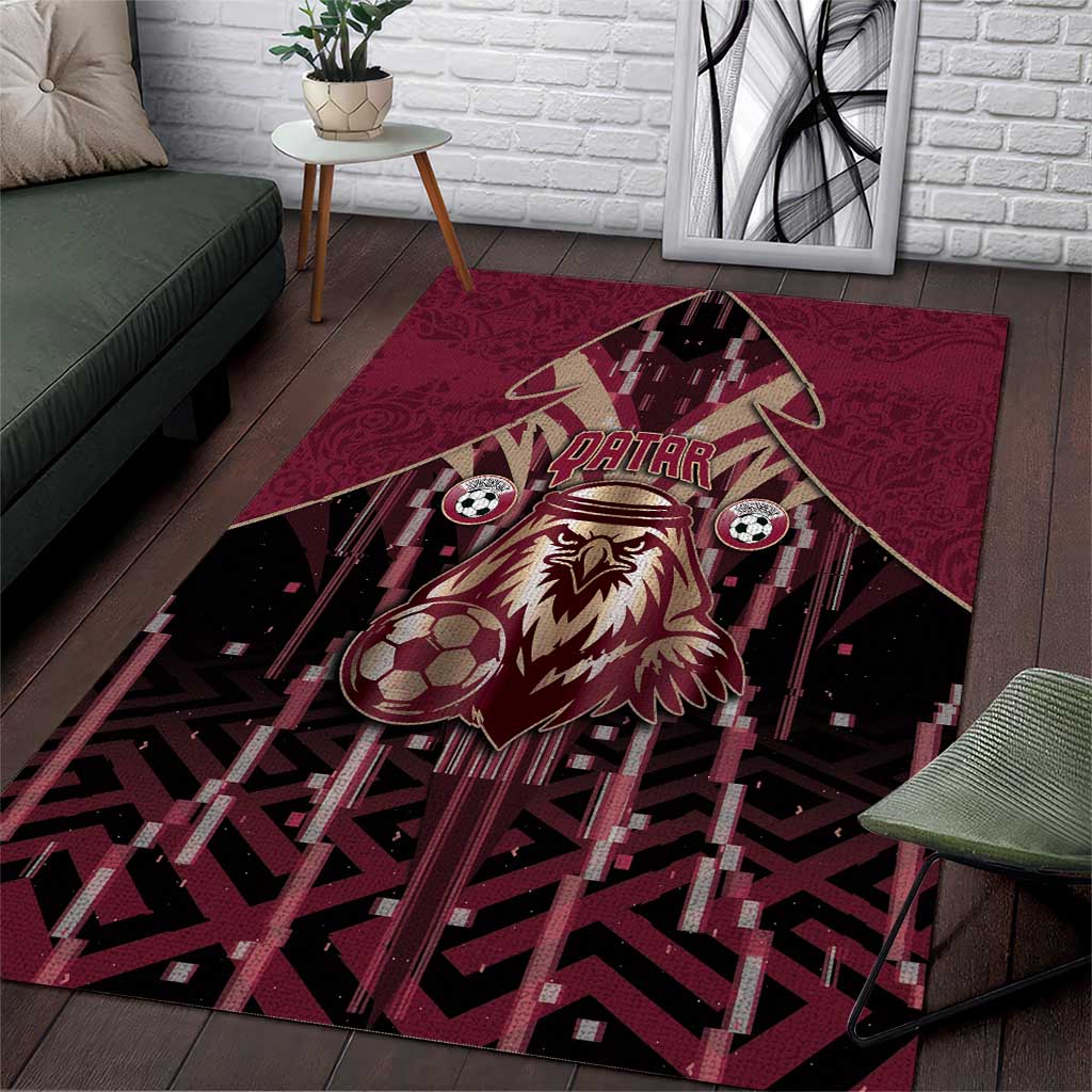 Qatar Football Area Rug Glitch Style Falcon With Arabic Patterns