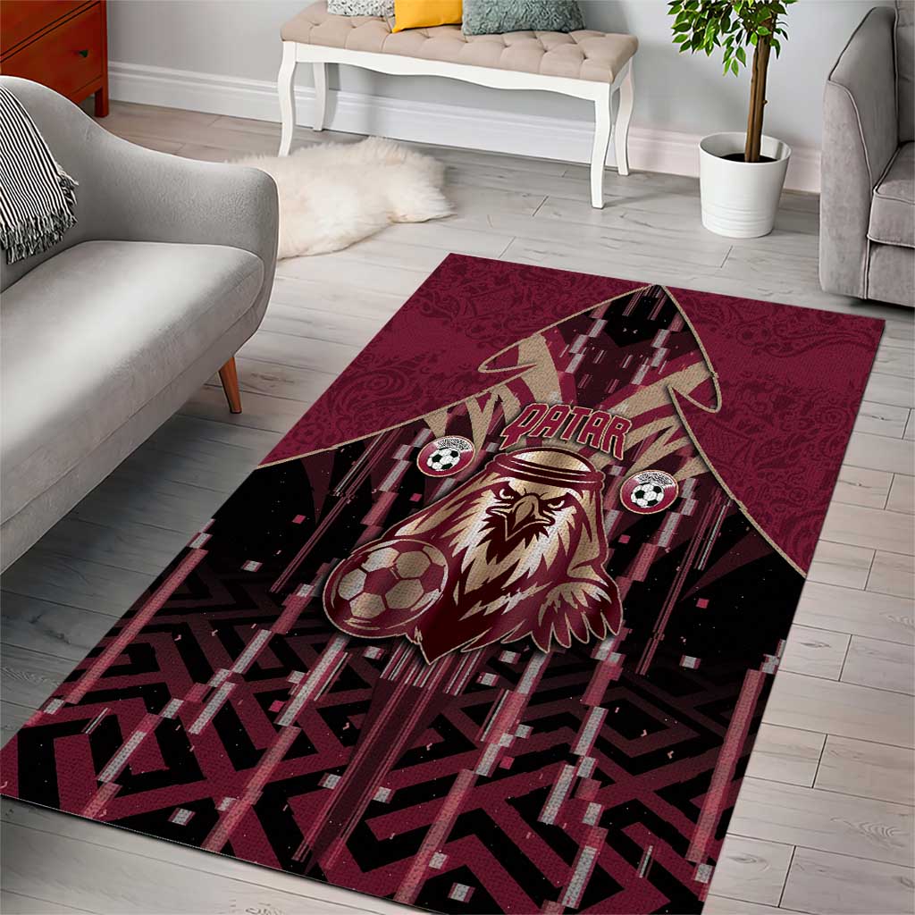 Qatar Football Area Rug Glitch Style Falcon With Arabic Patterns