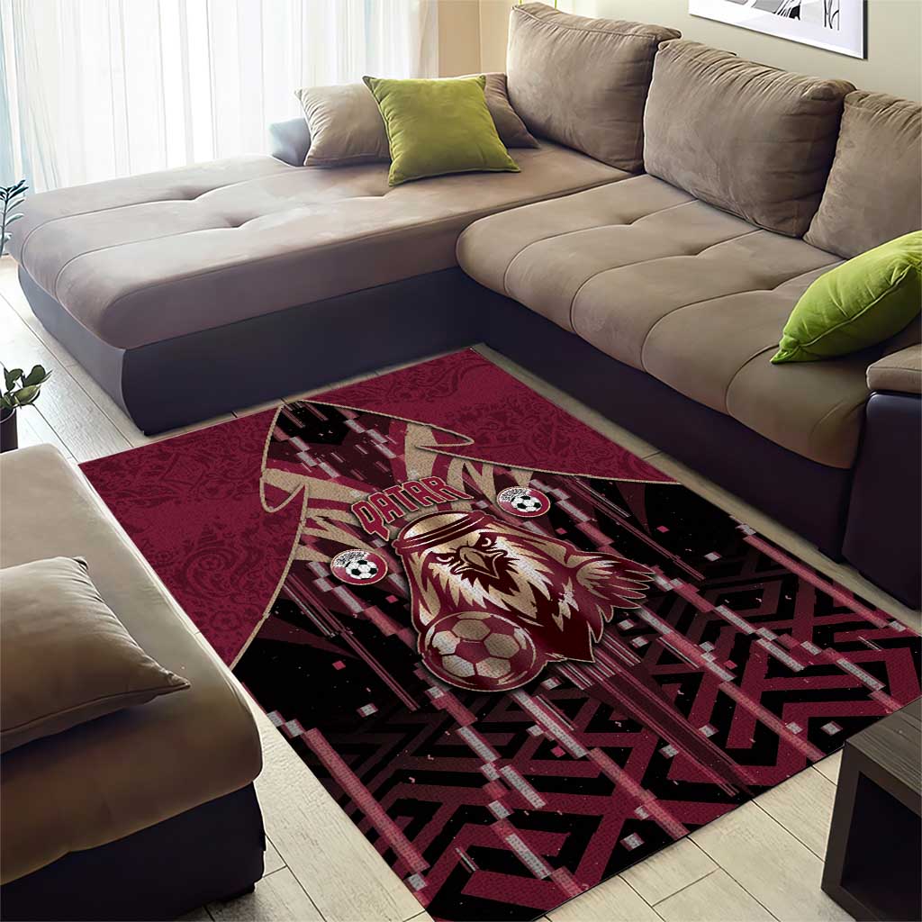 Qatar Football Area Rug Glitch Style Falcon With Arabic Patterns