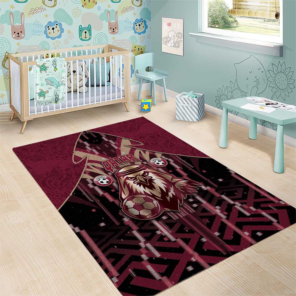 Qatar Football Area Rug Glitch Style Falcon With Arabic Patterns