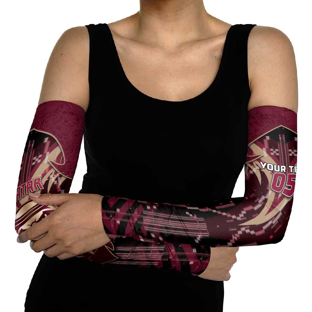 Custom Qatar Football Arm Sleeves Glitch Style Falcon With Arabic Patterns
