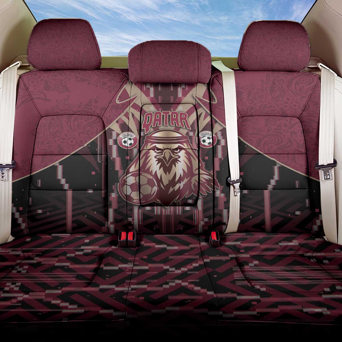 Qatar Football Back Car Seat Cover Glitch Style Falcon With Arabic Patterns