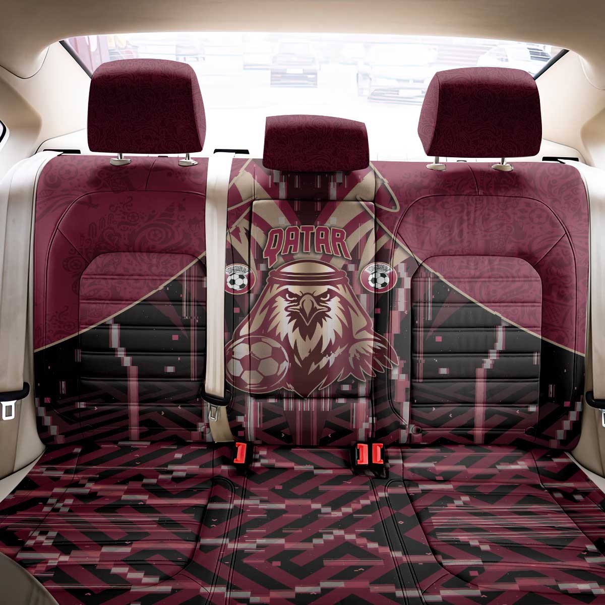 Qatar Football Back Car Seat Cover Glitch Style Falcon With Arabic Patterns
