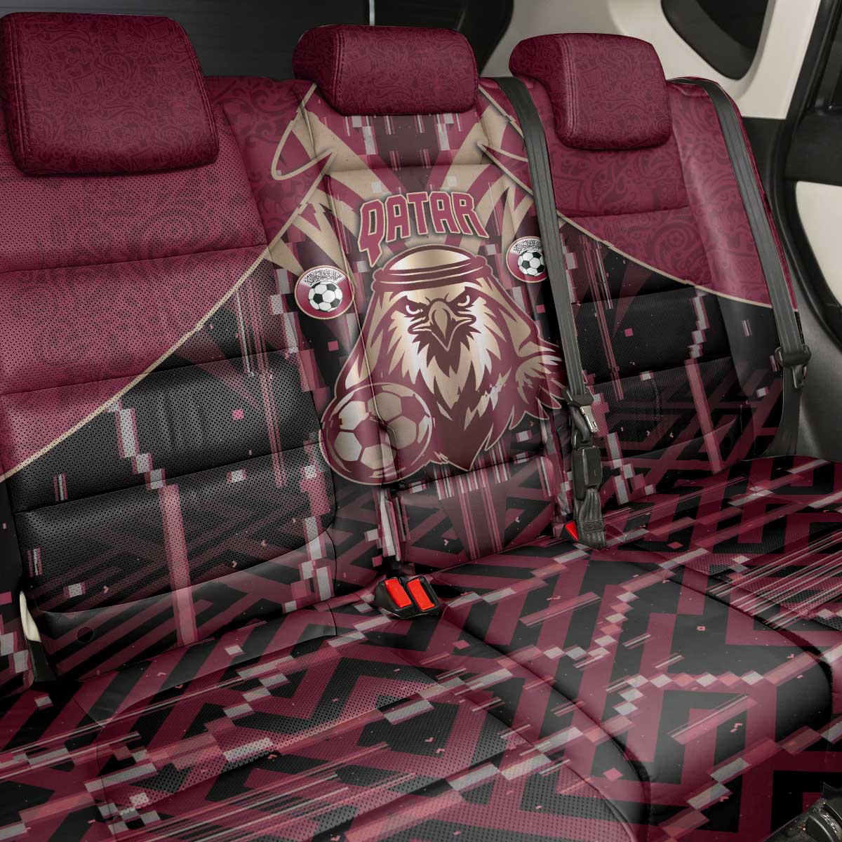 Qatar Football Back Car Seat Cover Glitch Style Falcon With Arabic Patterns