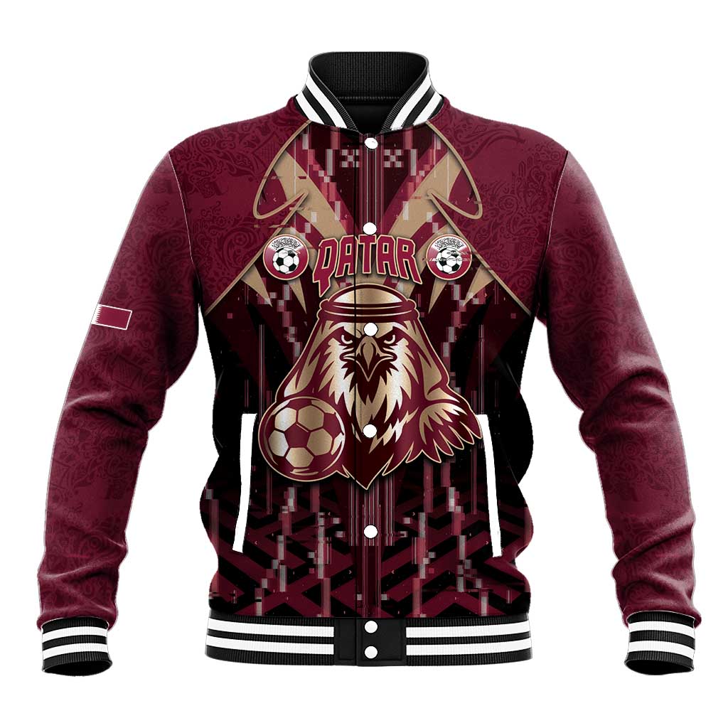 Custom Qatar Football Baseball Jacket Glitch Style Falcon With Arabic Patterns