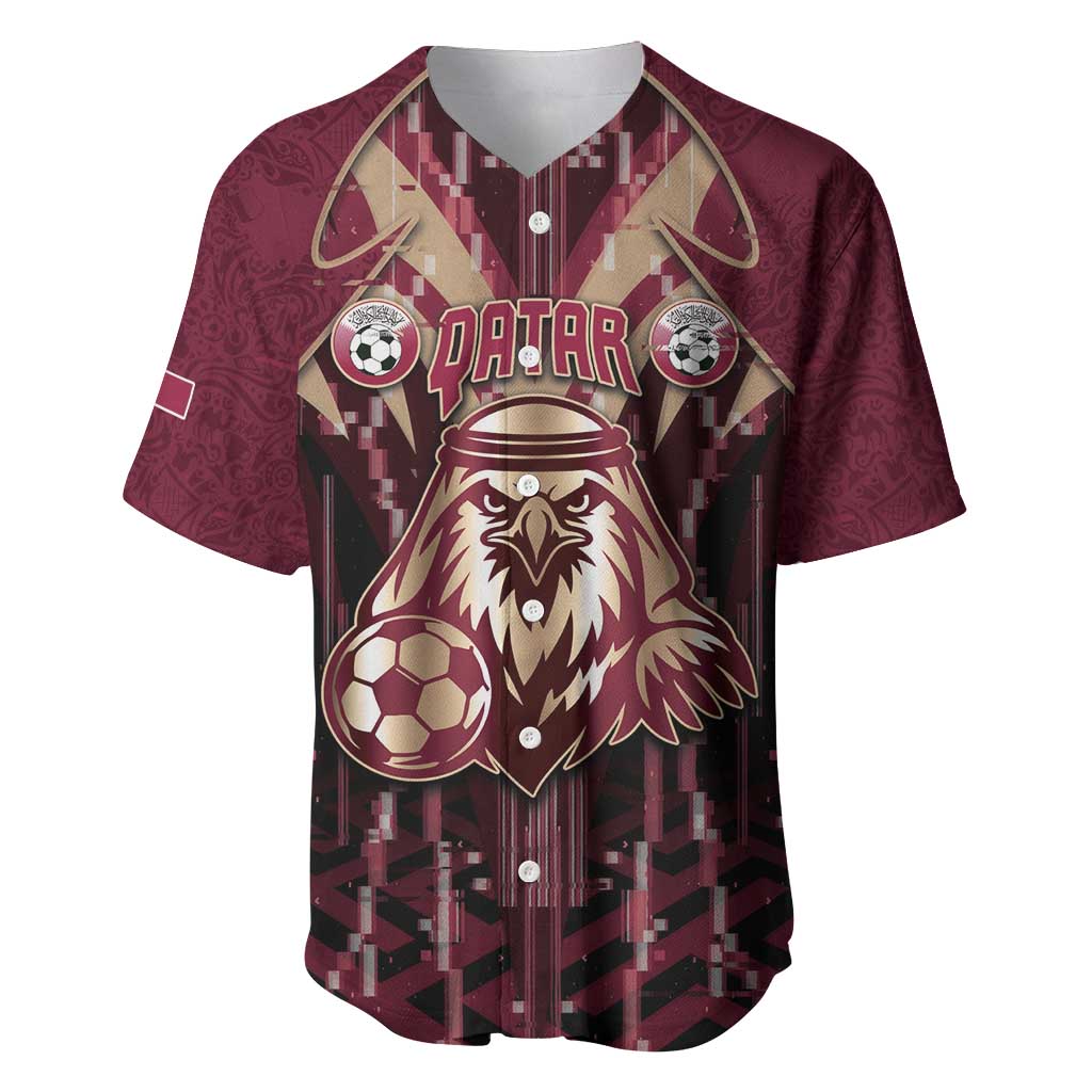 Custom Qatar Football Baseball Jersey Glitch Style Falcon With Arabic Patterns