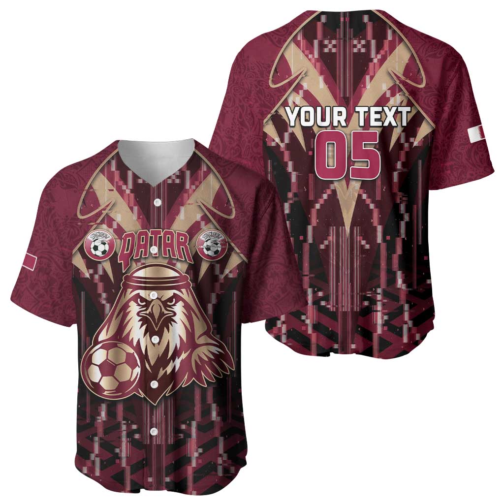 Custom Qatar Football Baseball Jersey Glitch Style Falcon With Arabic Patterns
