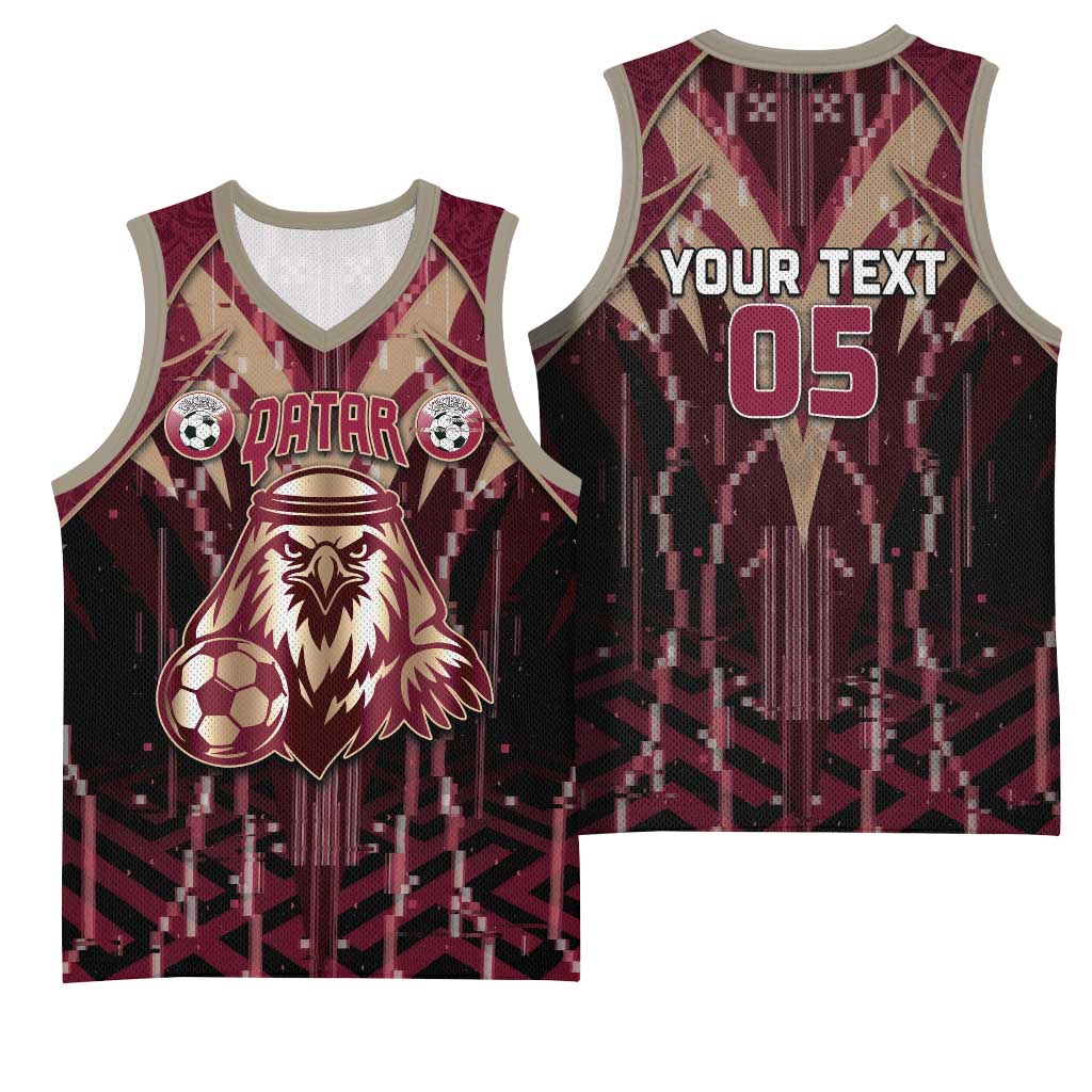 Custom Qatar Football Basketball Jersey Glitch Style Falcon With Arabic Patterns