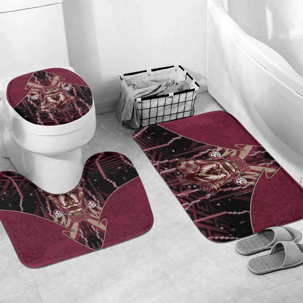 Qatar Football Bathroom Set Glitch Style Falcon With Arabic Patterns
