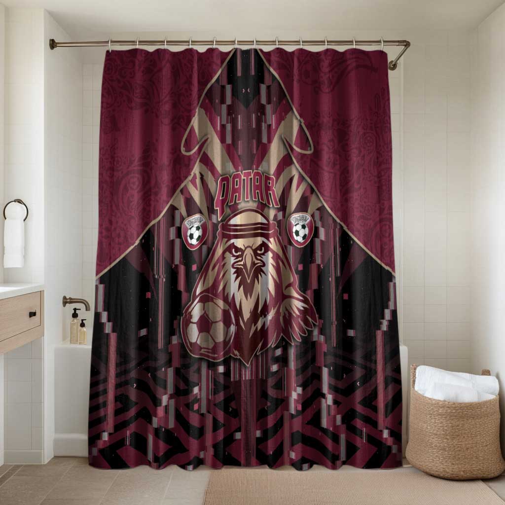 Qatar Football Bathroom Set Glitch Style Falcon With Arabic Patterns