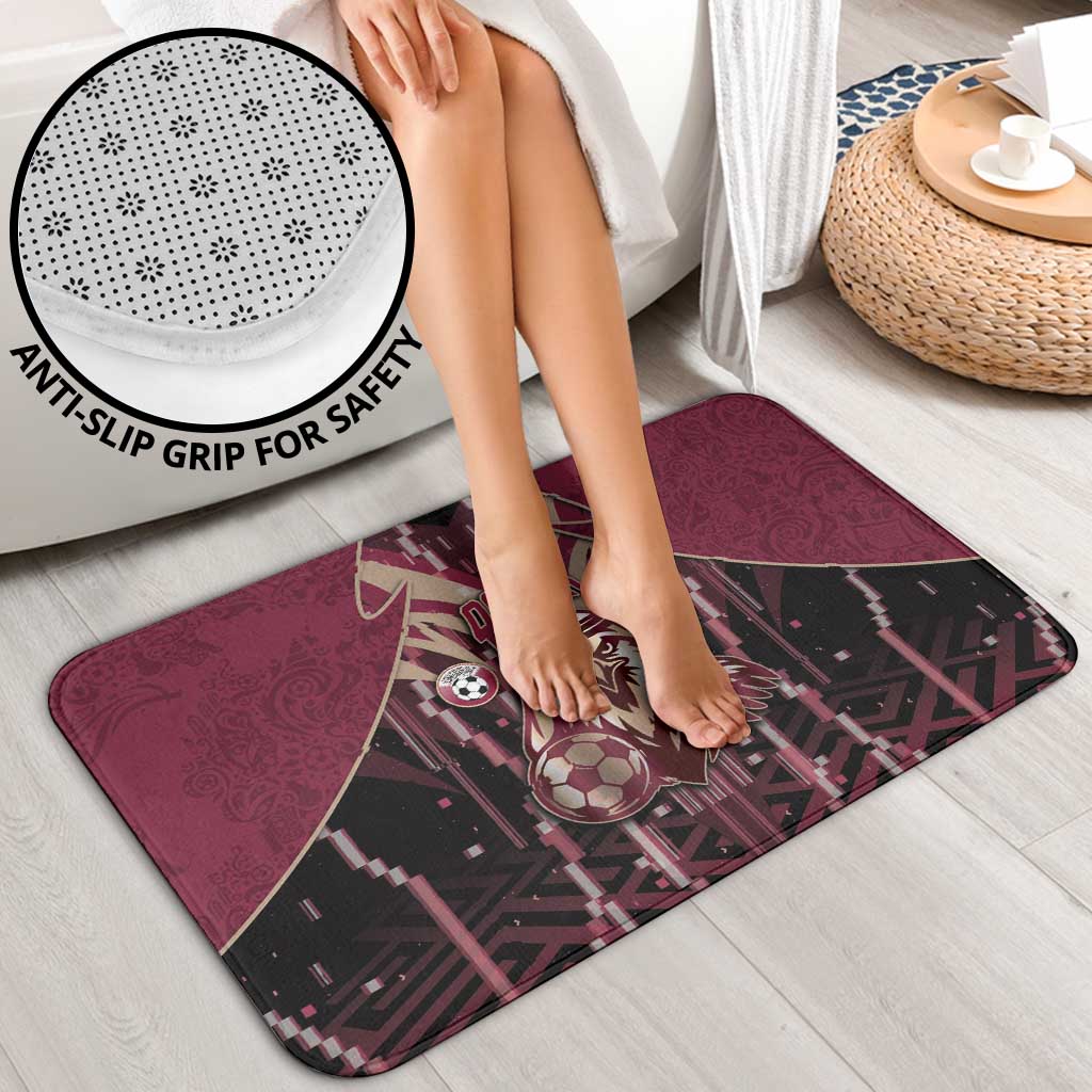 Qatar Football Bathroom Set Glitch Style Falcon With Arabic Patterns