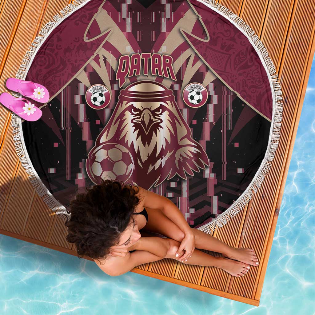 Qatar Football Beach Blanket Glitch Style Falcon With Arabic Patterns