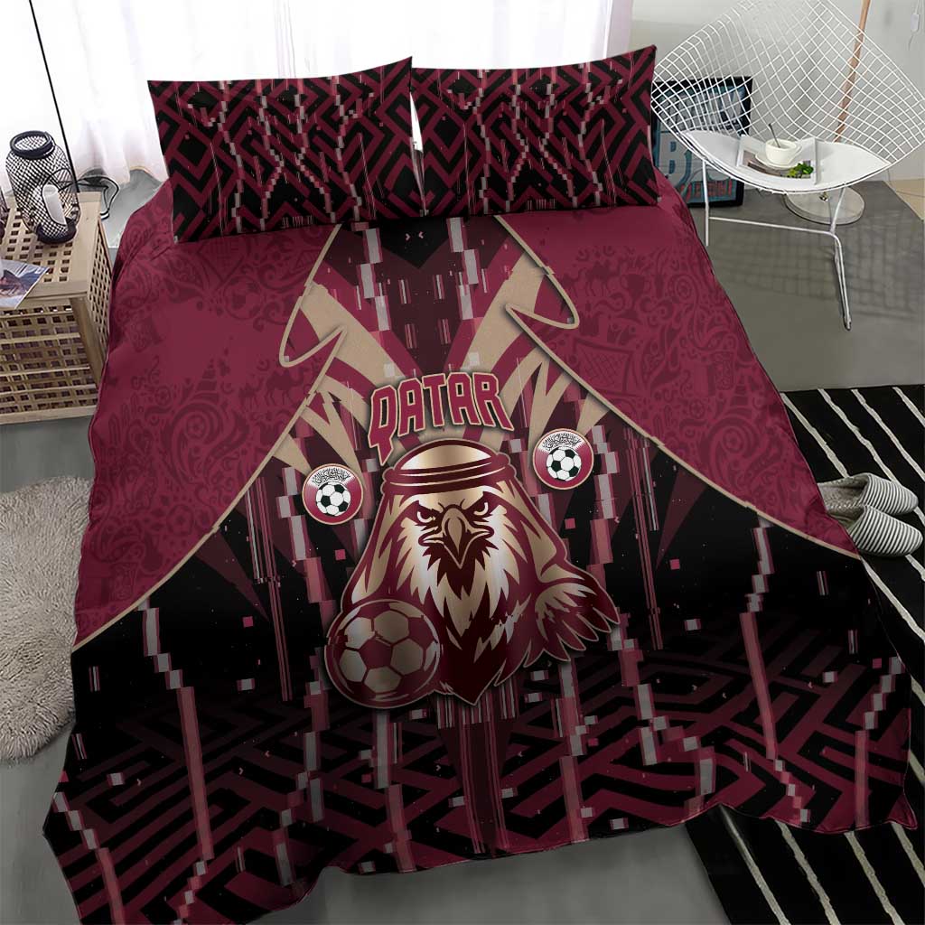 Qatar Football Bedding Set Glitch Style Falcon With Arabic Patterns
