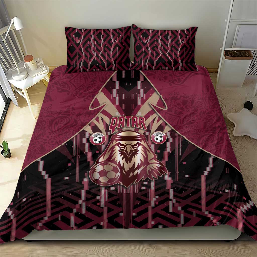 Qatar Football Bedding Set Glitch Style Falcon With Arabic Patterns
