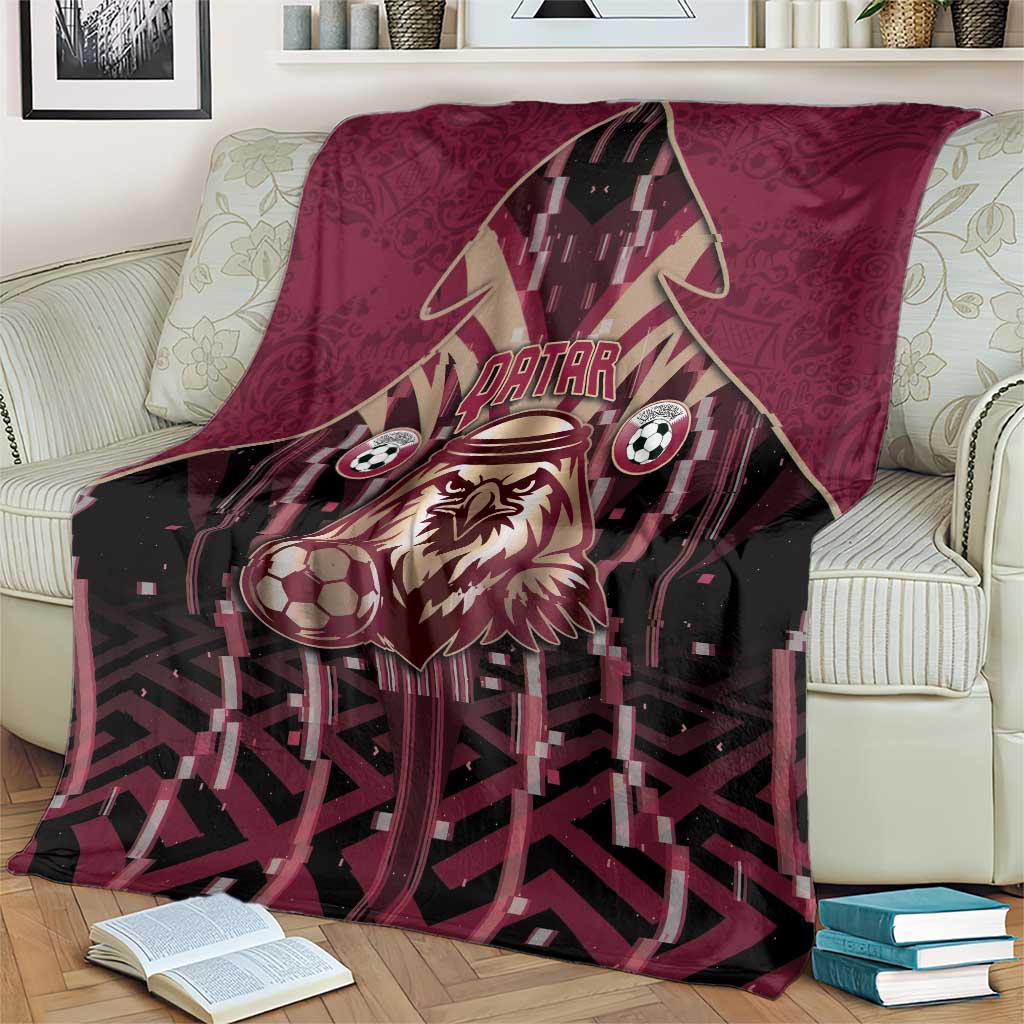 Qatar Football Blanket Glitch Style Falcon With Arabic Patterns