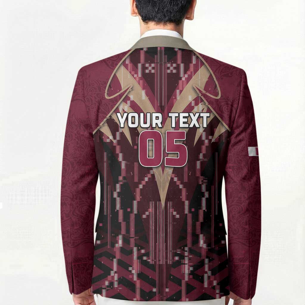 Custom Qatar Football Blazer Glitch Style Falcon With Arabic Patterns