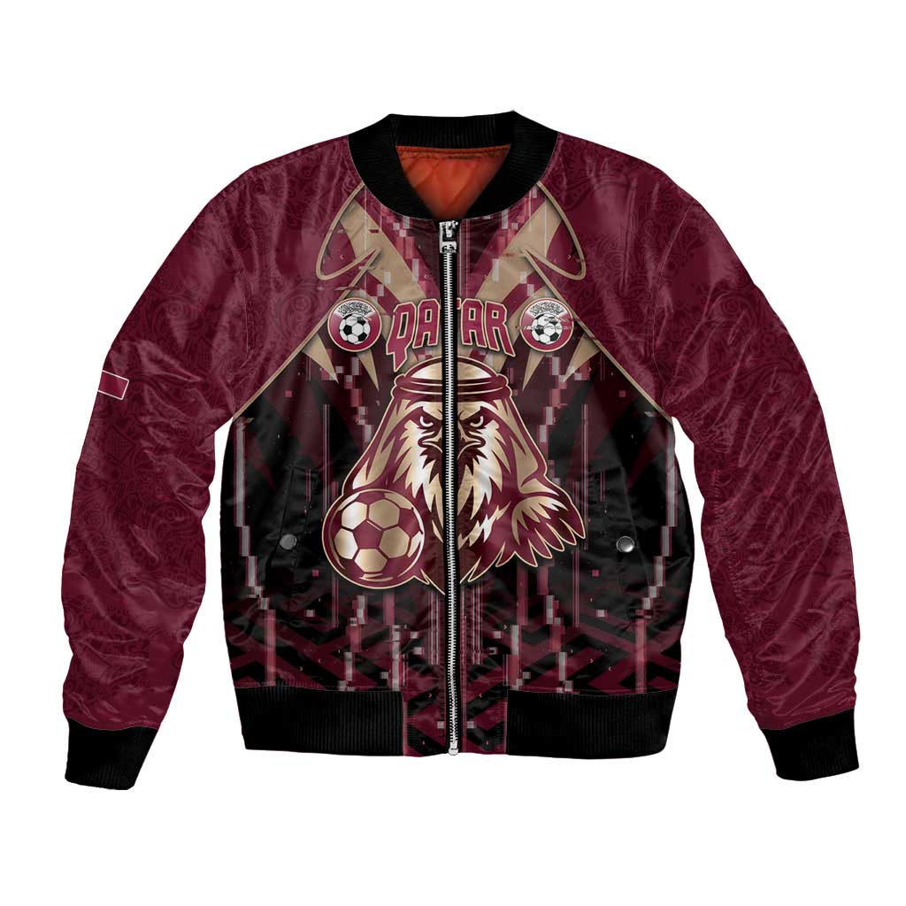 Custom Qatar Football Bomber Jacket Glitch Style Falcon With Arabic Patterns