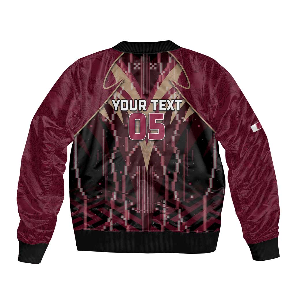 Custom Qatar Football Bomber Jacket Glitch Style Falcon With Arabic Patterns