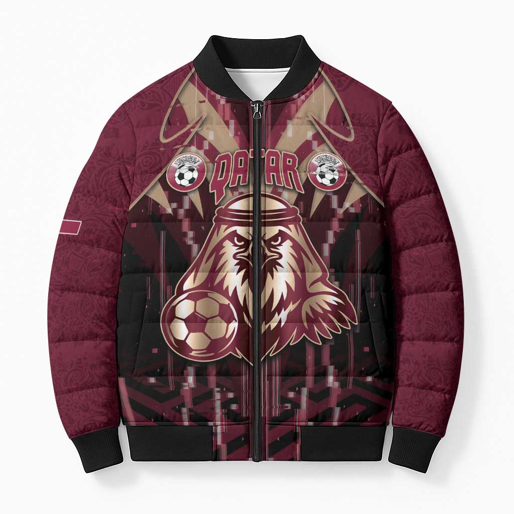 Custom Qatar Football Bomber Puffer Jacket Glitch Style Falcon With Arabic Patterns
