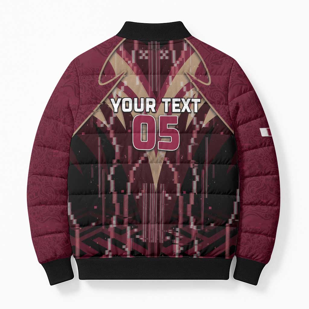 Custom Qatar Football Bomber Puffer Jacket Glitch Style Falcon With Arabic Patterns