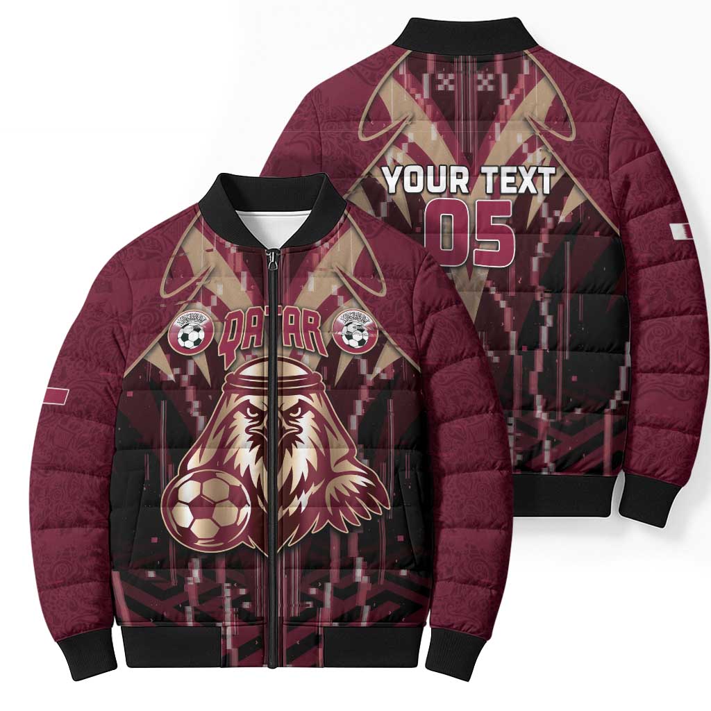 Custom Qatar Football Bomber Puffer Jacket Glitch Style Falcon With Arabic Patterns