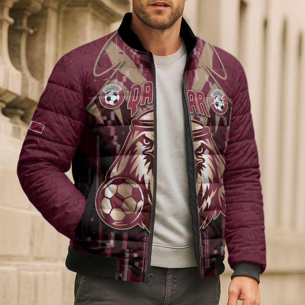 Custom Qatar Football Bomber Puffer Jacket Glitch Style Falcon With Arabic Patterns