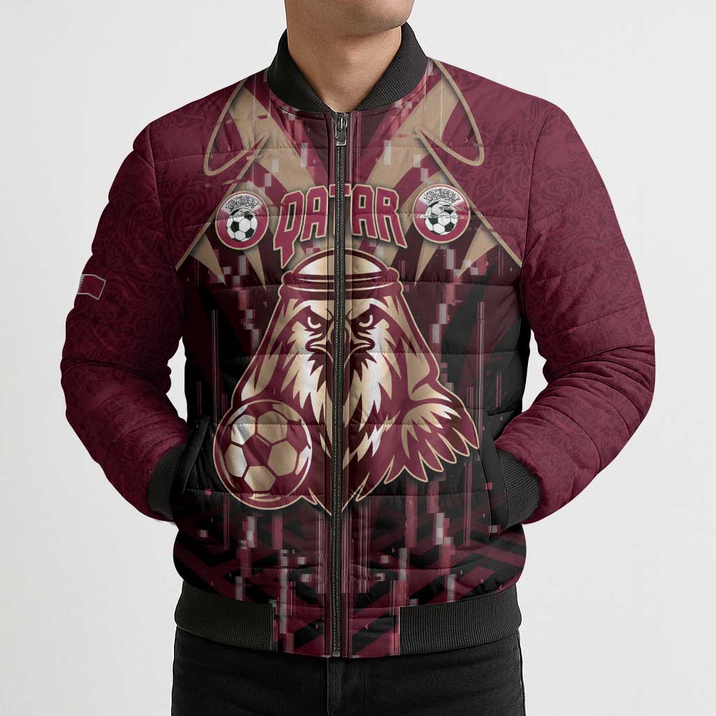 Custom Qatar Football Bomber Puffer Jacket Glitch Style Falcon With Arabic Patterns
