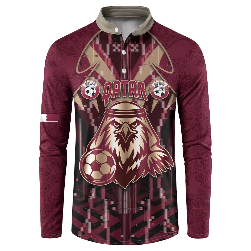 Custom Qatar Football Button Sweatshirt Glitch Style Falcon With Arabic Patterns