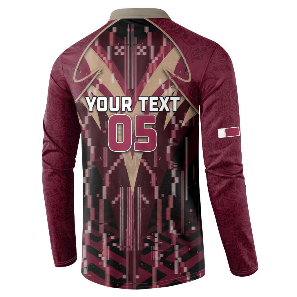 Custom Qatar Football Button Sweatshirt Glitch Style Falcon With Arabic Patterns