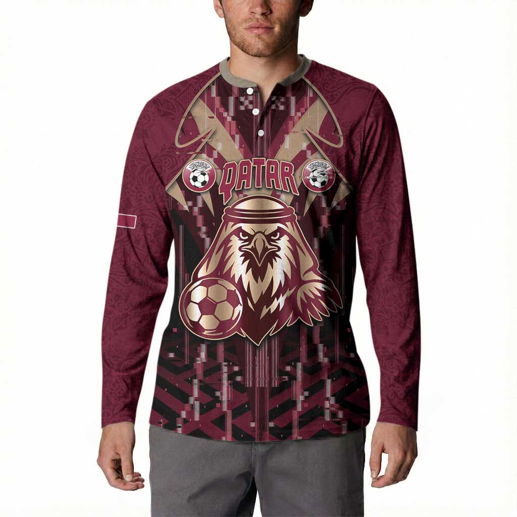 Custom Qatar Football Button Sweatshirt Glitch Style Falcon With Arabic Patterns