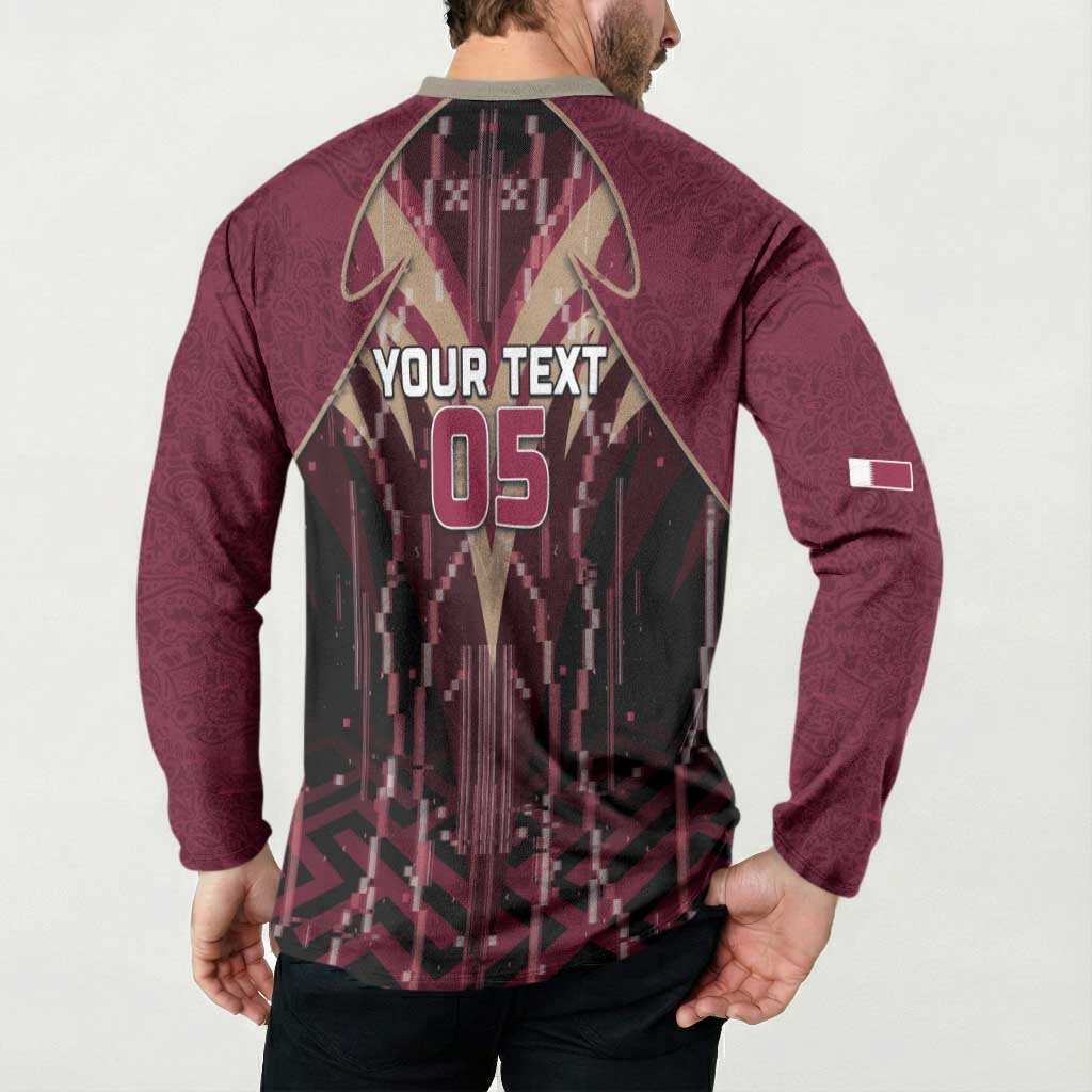 Custom Qatar Football Button Sweatshirt Glitch Style Falcon With Arabic Patterns