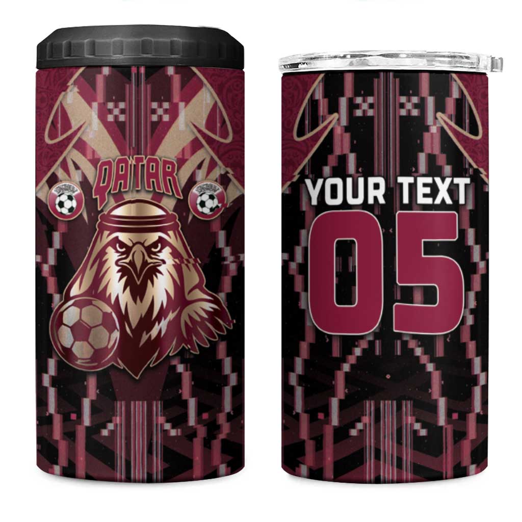 Custom Qatar Football 4 in 1 Can Cooler Tumbler Glitch Style Falcon With Arabic Patterns