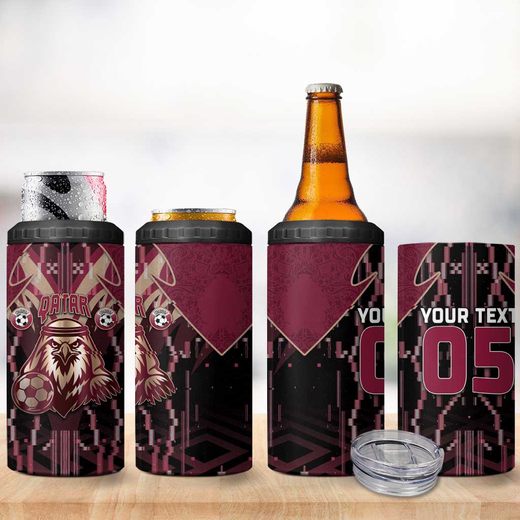 Custom Qatar Football 4 in 1 Can Cooler Tumbler Glitch Style Falcon With Arabic Patterns