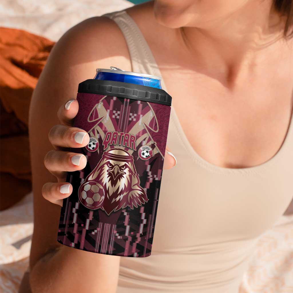 Custom Qatar Football 4 in 1 Can Cooler Tumbler Glitch Style Falcon With Arabic Patterns