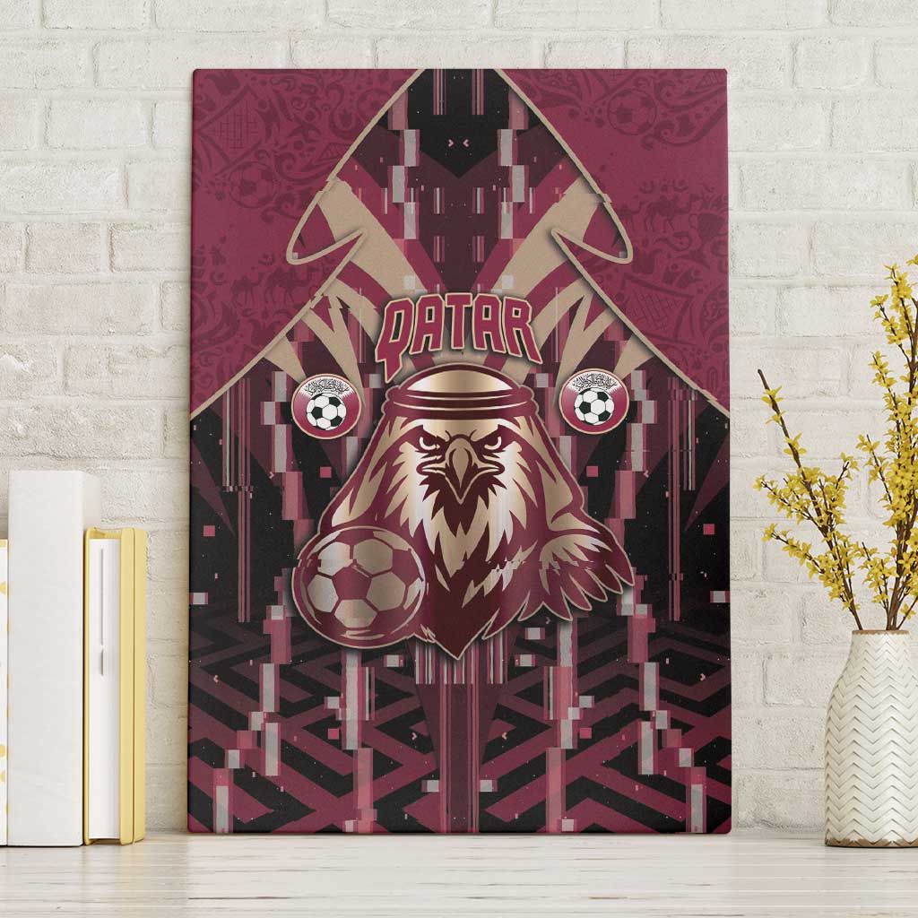 Qatar Football Canvas Wall Art Glitch Style Falcon With Arabic Patterns