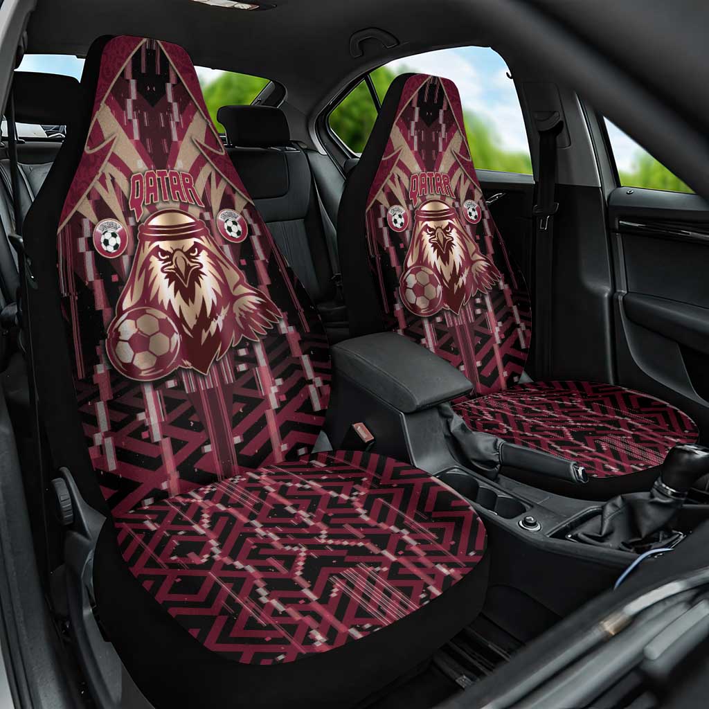 Qatar Football Car Seat Cover Glitch Style Falcon With Arabic Patterns