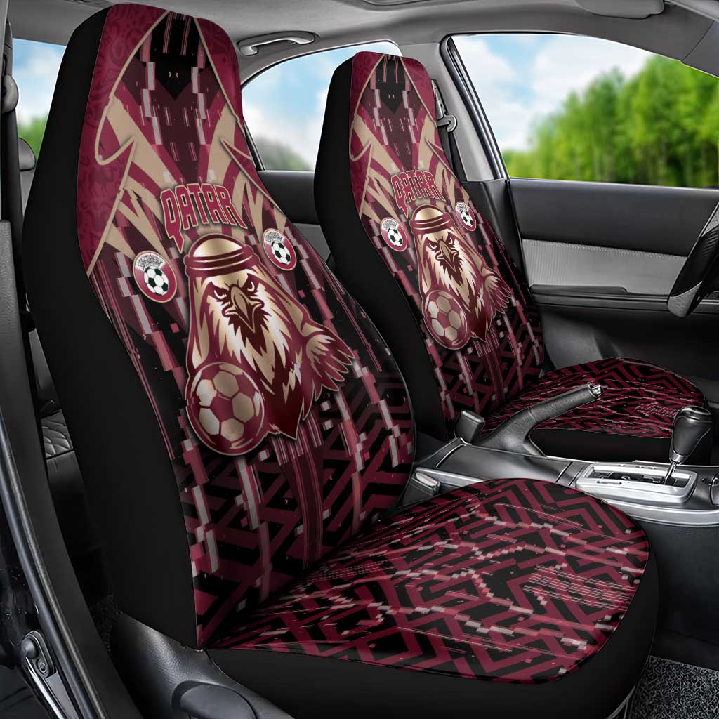 Qatar Football Car Seat Cover Glitch Style Falcon With Arabic Patterns