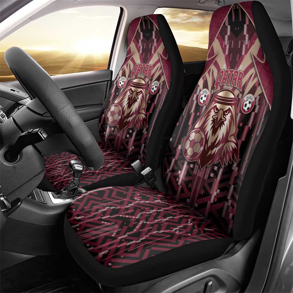 Qatar Football Car Seat Cover Glitch Style Falcon With Arabic Patterns