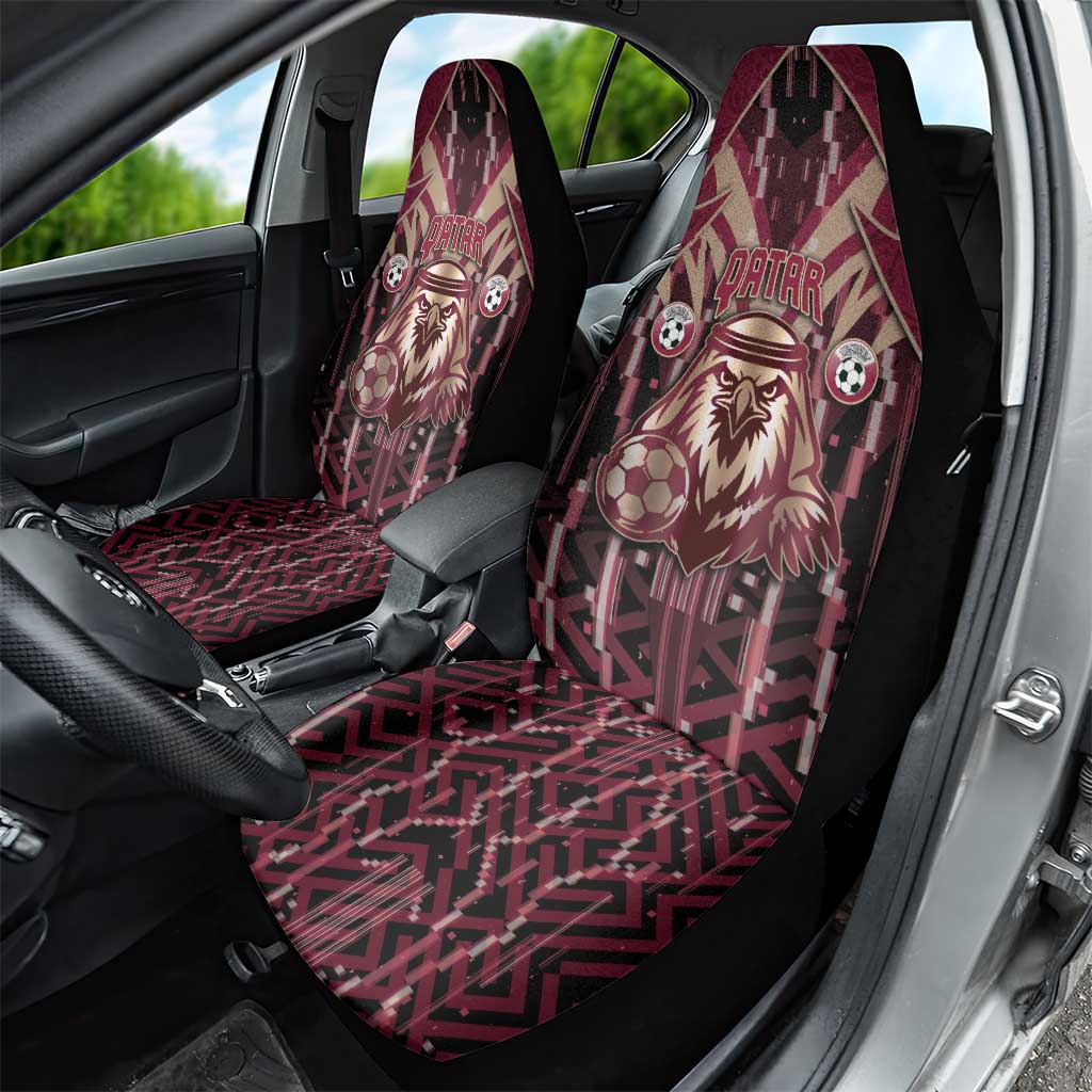 Qatar Football Car Seat Cover Glitch Style Falcon With Arabic Patterns
