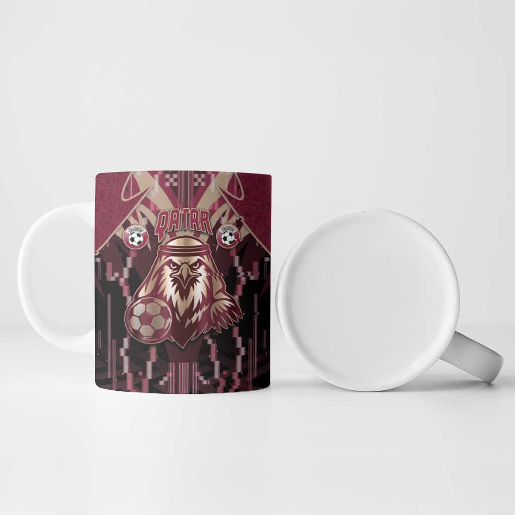 Custom Qatar Football Ceramic Mug Glitch Style Falcon With Arabic Patterns