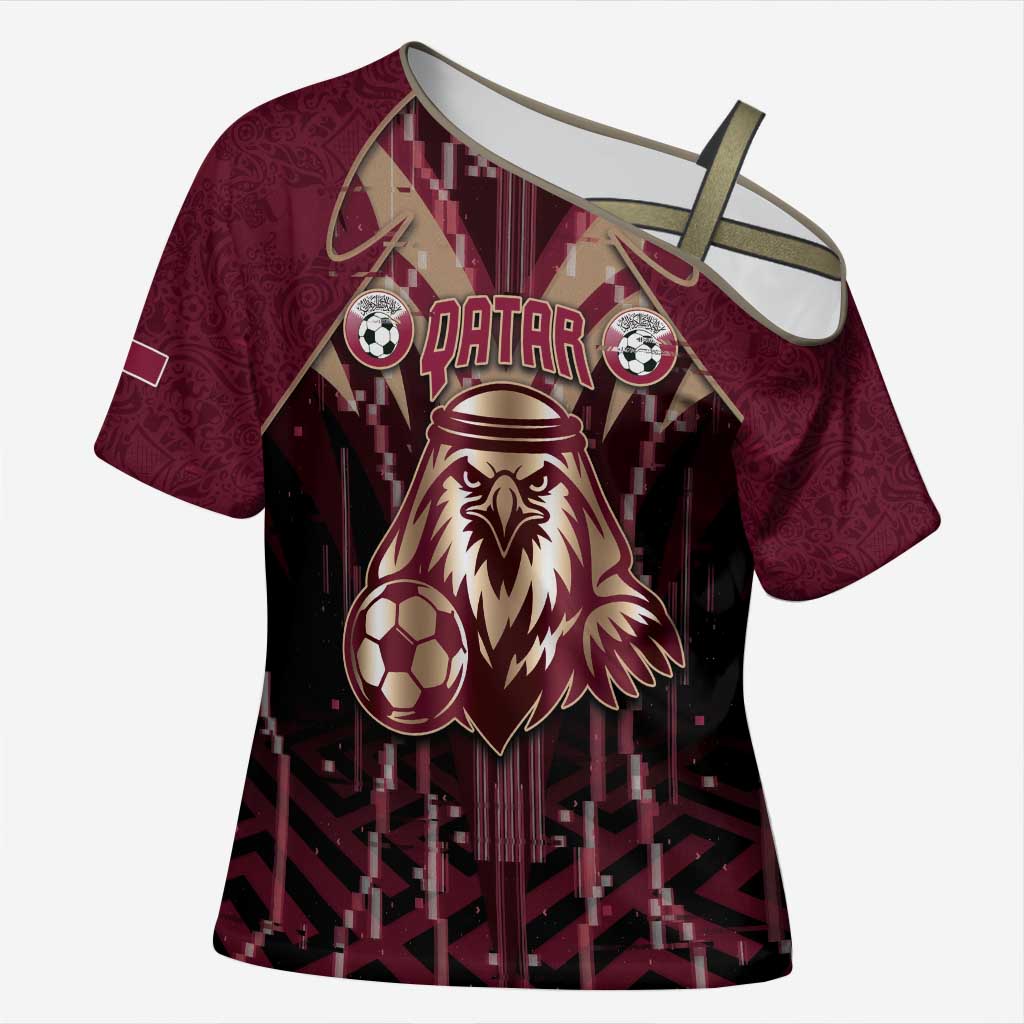 Custom Qatar Football Cross Shoulder Shirt Glitch Style Falcon With Arabic Patterns