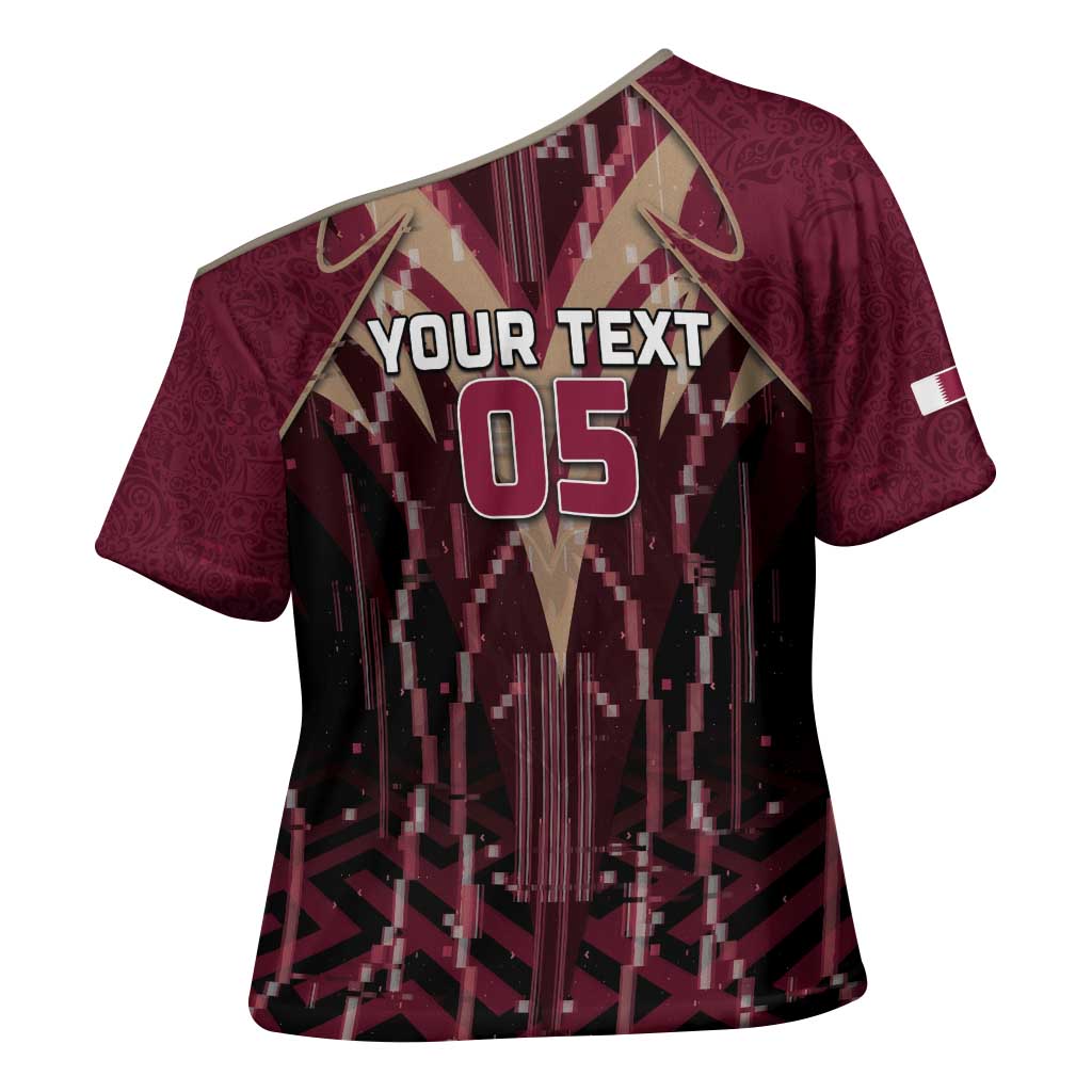 Custom Qatar Football Cross Shoulder Shirt Glitch Style Falcon With Arabic Patterns