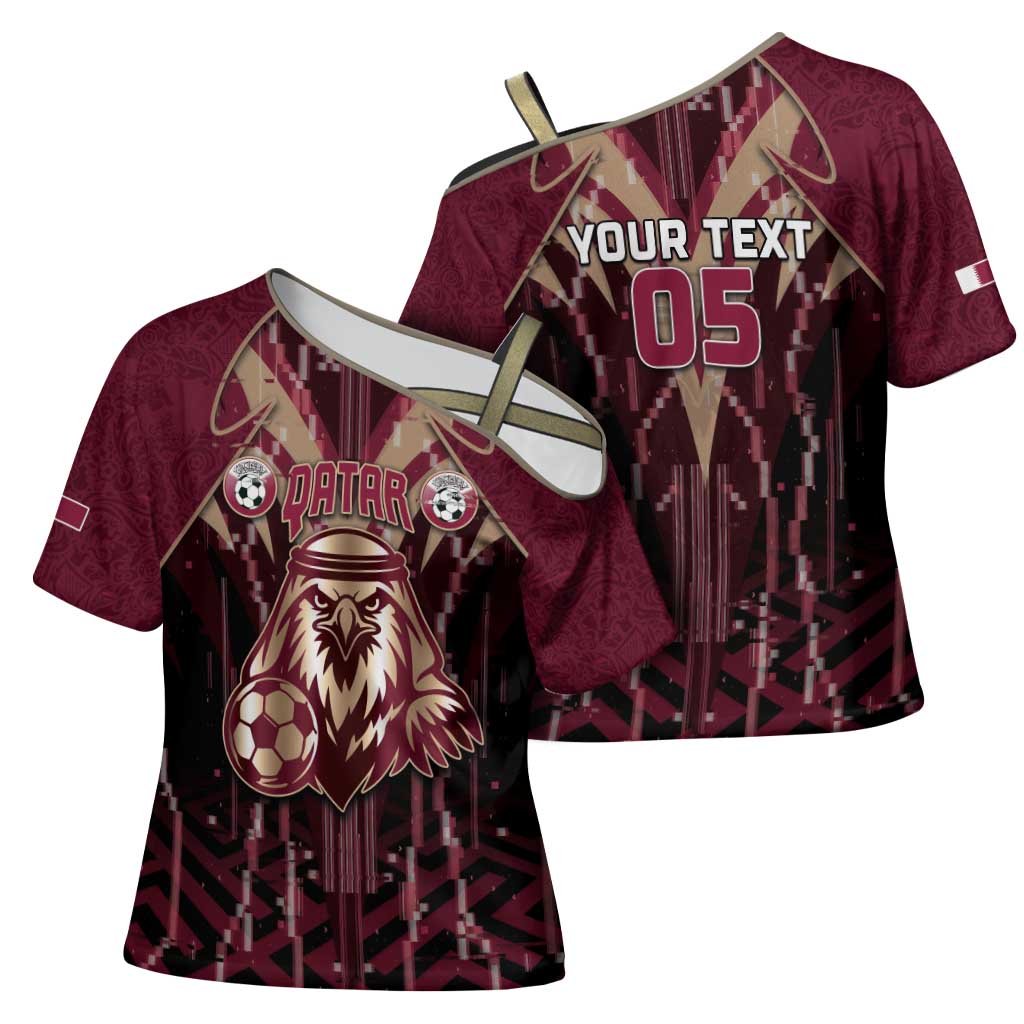 Custom Qatar Football Cross Shoulder Shirt Glitch Style Falcon With Arabic Patterns