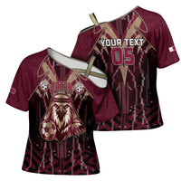 Custom Qatar Football Cross Shoulder Shirt Glitch Style Falcon With Arabic Patterns