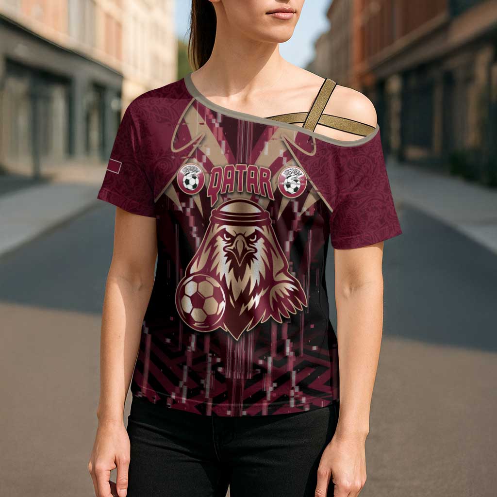 Custom Qatar Football Cross Shoulder Shirt Glitch Style Falcon With Arabic Patterns