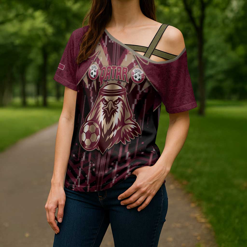 Custom Qatar Football Cross Shoulder Shirt Glitch Style Falcon With Arabic Patterns