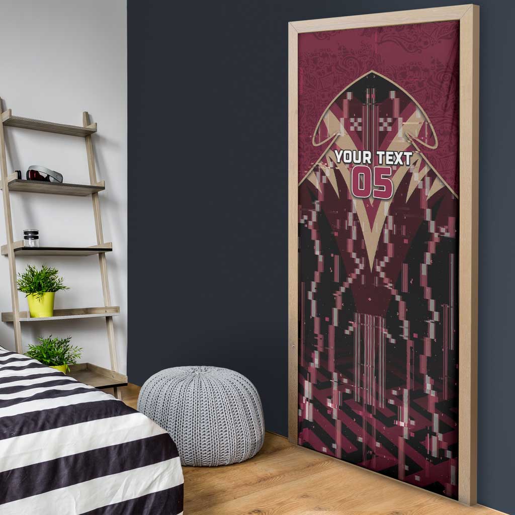 Custom Qatar Football Door Cover Glitch Style Falcon With Arabic Patterns