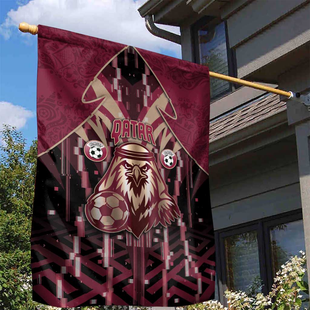 Qatar Football Garden Flag Glitch Style Falcon With Arabic Patterns