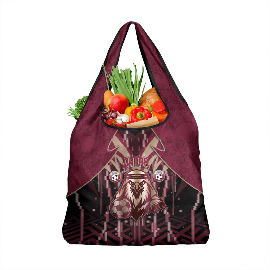Qatar Football Grocery Bag Glitch Style Falcon With Arabic Patterns